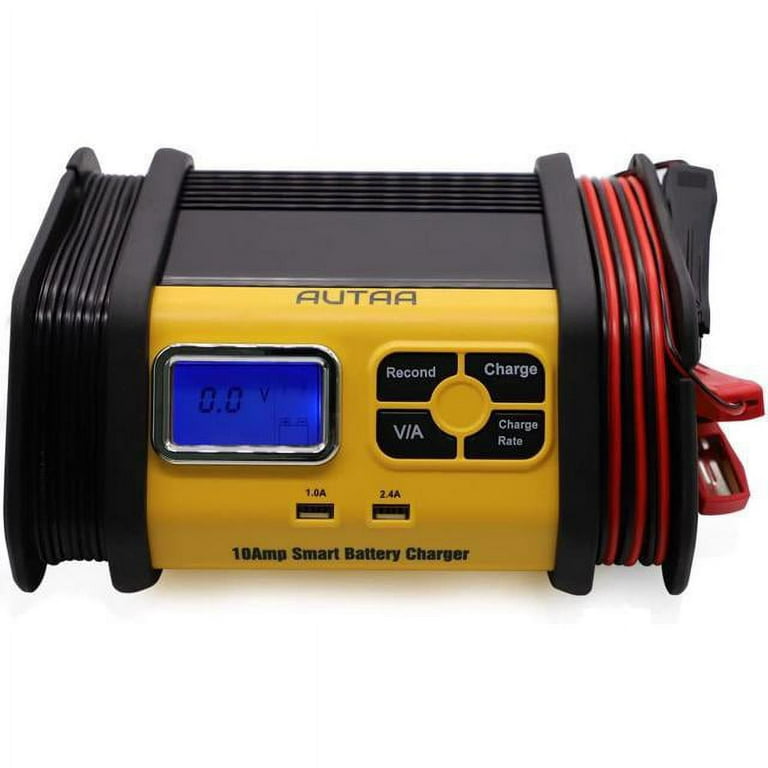 AUTAA 12V Fully Automatic 10 Amp Bench Battery Charger/Maintainer ,  Alternator Check, Cable Clamps.