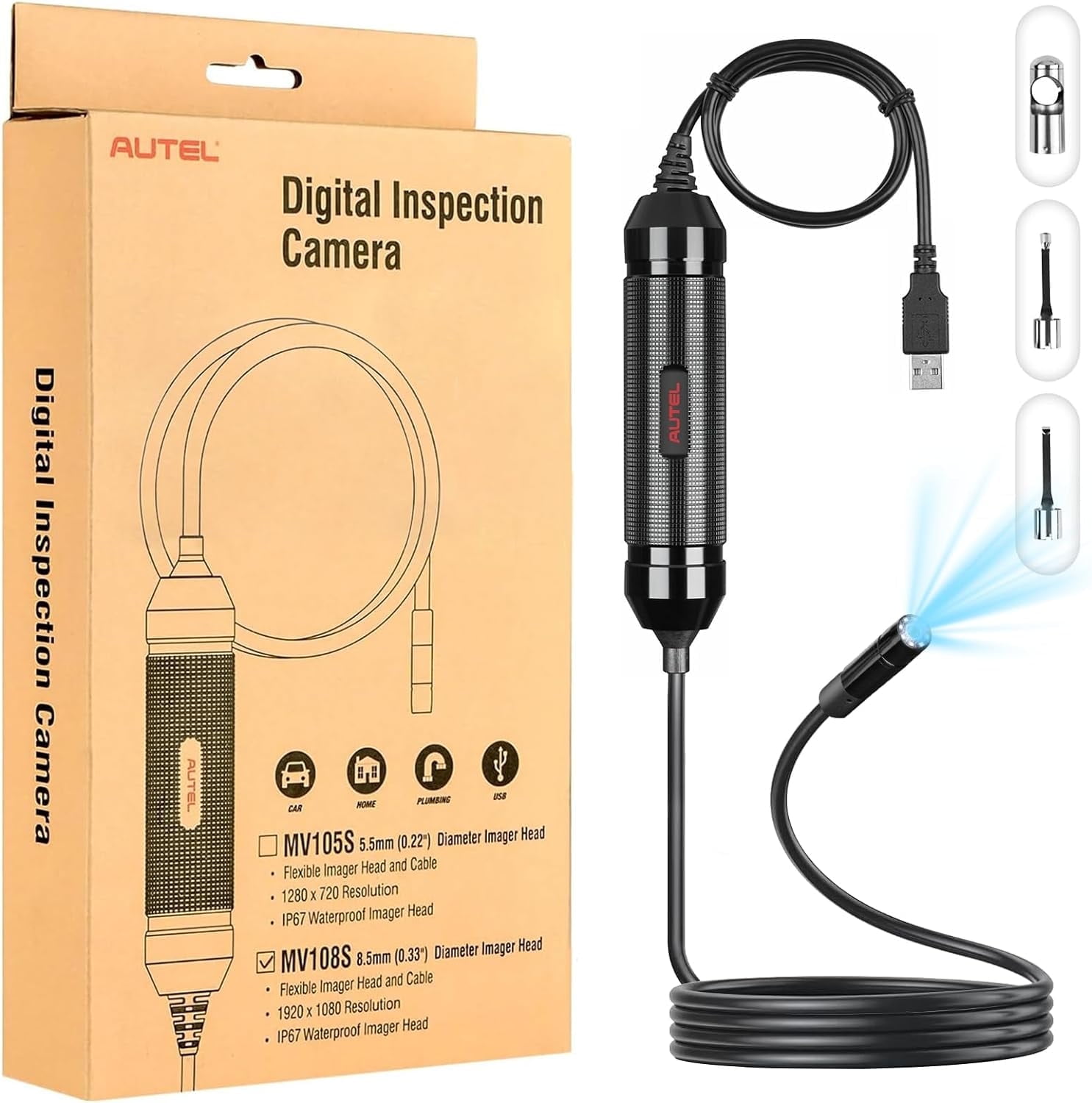 AUTEL MaxiVideo MV108S Inspection Camera, Waterproof 8.5mm Imager USB Endoscope with Light, 1920x1080 HD 2MP Borescope for Autel Scanner & PC