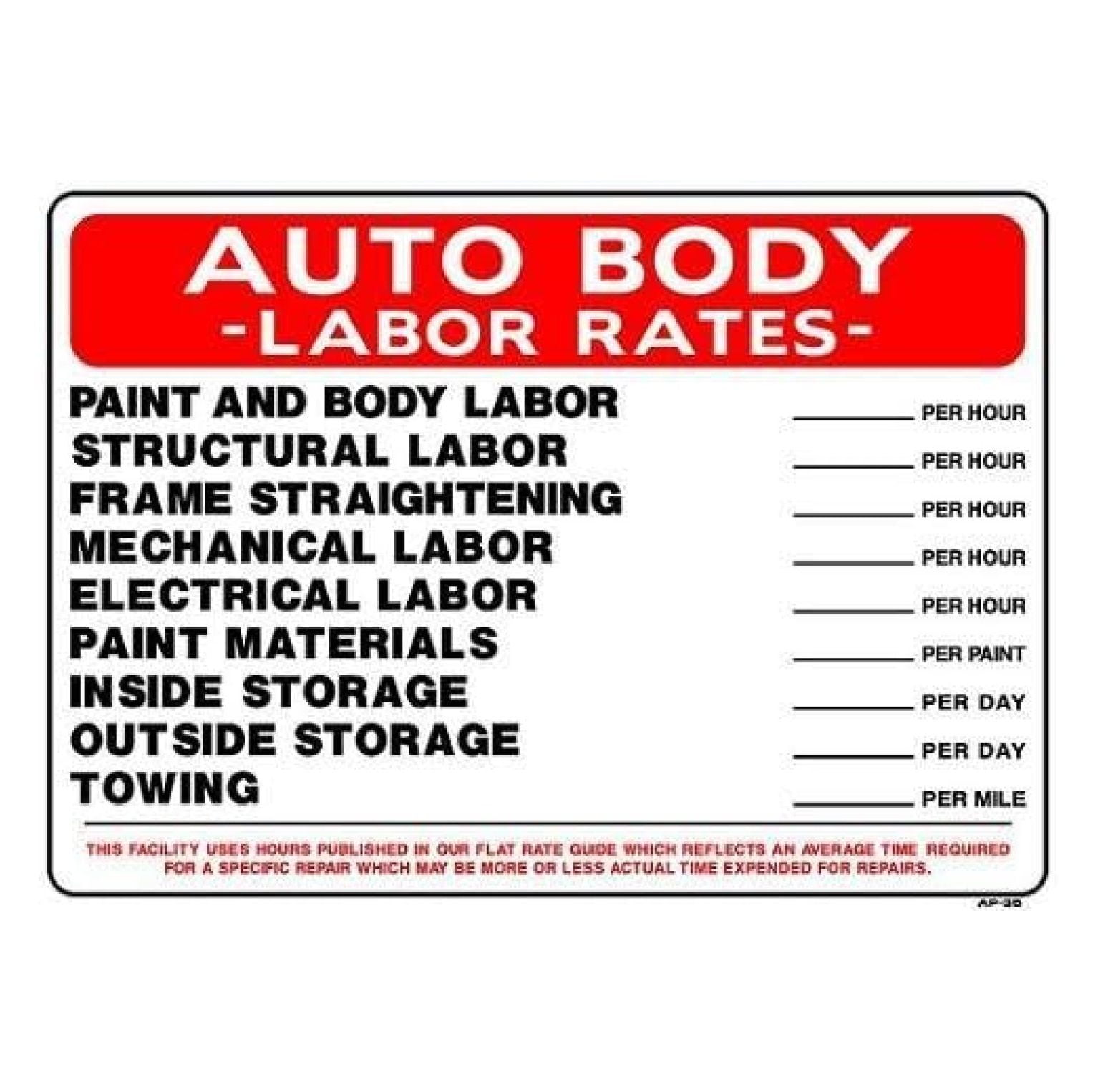 AUTO BODY LABOR RATES 20x28 Heavy Duty Plastic Sign