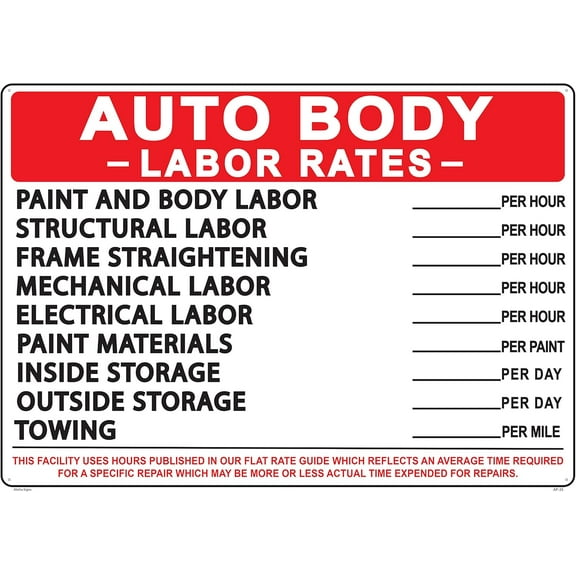 AUTO BODY LABOR RATES 20x28 Heavy Duty Plastic Sign