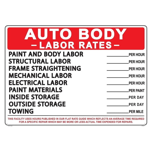 AUTO BODY LABOR RATES 20x28 Heavy Duty Plastic Sign