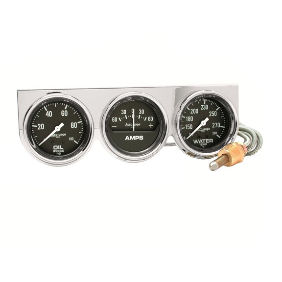 AUTO METER 2395 Autogage Black Oil/Amp/Water Gauge Chrome Console - 2 5/8 - Full Sweep/Mechanical