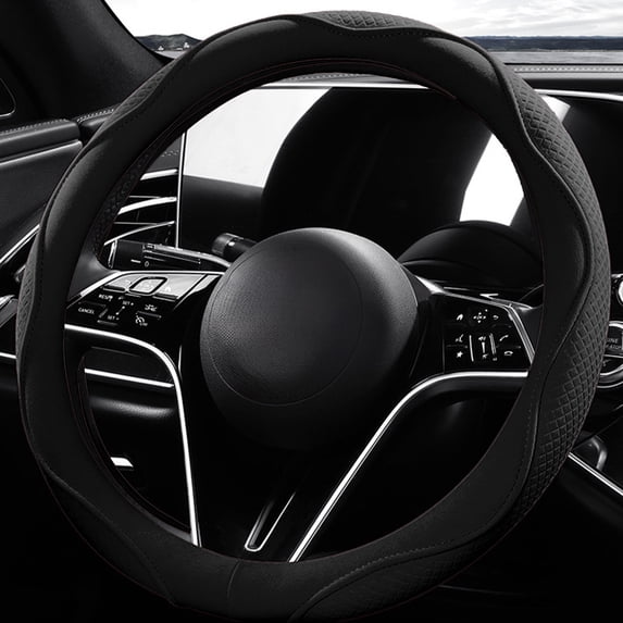 AUTO Steering Wheel Cover - 15.75in Durable Grip Car Accessory, PU Grain Leather Patchwork Design, Anti-Slip, Odor-Free - Black