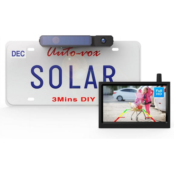 AUTO-VOX Solar Backup Camera Wireless Reverse Camera IP68 Waterproof Vehicles License Plate Camera for Trailer/SUV