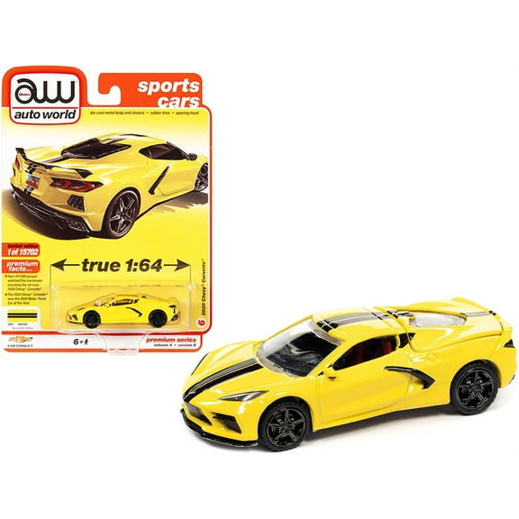 2020 Chevrolet Corvette C8 Stingray Accelerate Yellow with Twin Black Stripes "Sports Cars" Limited Edition to 15702 pieces Worldwide 1/64 Diecast Model Car by Auto World