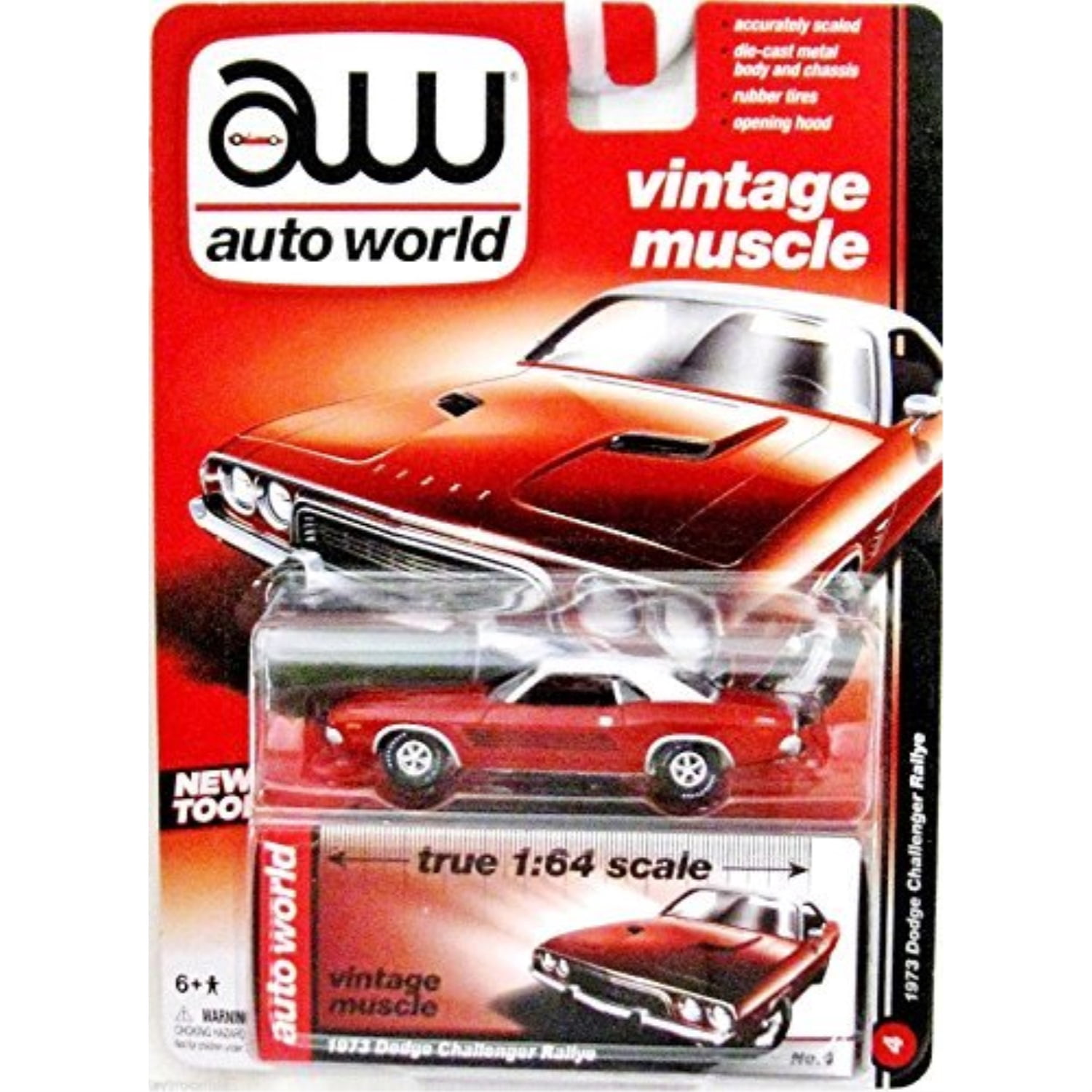 AUTO WORLD VINTAGE MUSCLE SERIES RED AND WHITE 1:64 SCALE 1973 DODGE CHALLENGER RALLYE DIE-CAST