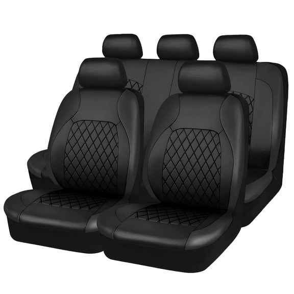 XiongXiong 9 Pcs PVC Leather Car Seat Covers Full Set, Front & Rear Bench Waterproof Seat Cover Fit for SUV,Sedan,Van, Airbag Compatible, Black