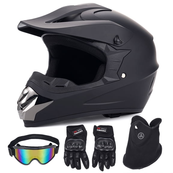 XiongXiong Dirt Bike Helmet DOT Certified, Full Face Motorcycle Helmet w/ Goggles, Gloves, Mask, for Off-Road, ATV, Sun Visor Snowmobile,Black, M