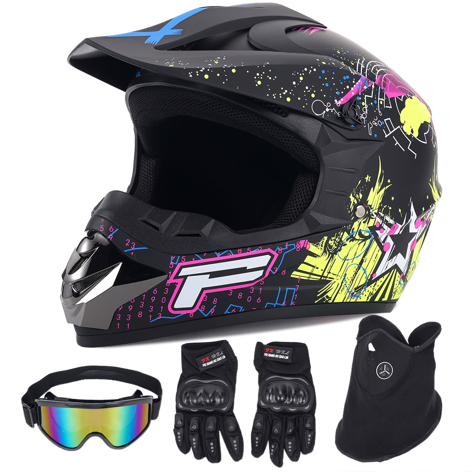 XiongXiong Dirt Bike Helmet DOT Certified, Full Face Motorcycle Helmet w/ Goggles, Gloves, Mask, for Off-Road, ATV, Sun Visor Snowmobile, Multicolor, L