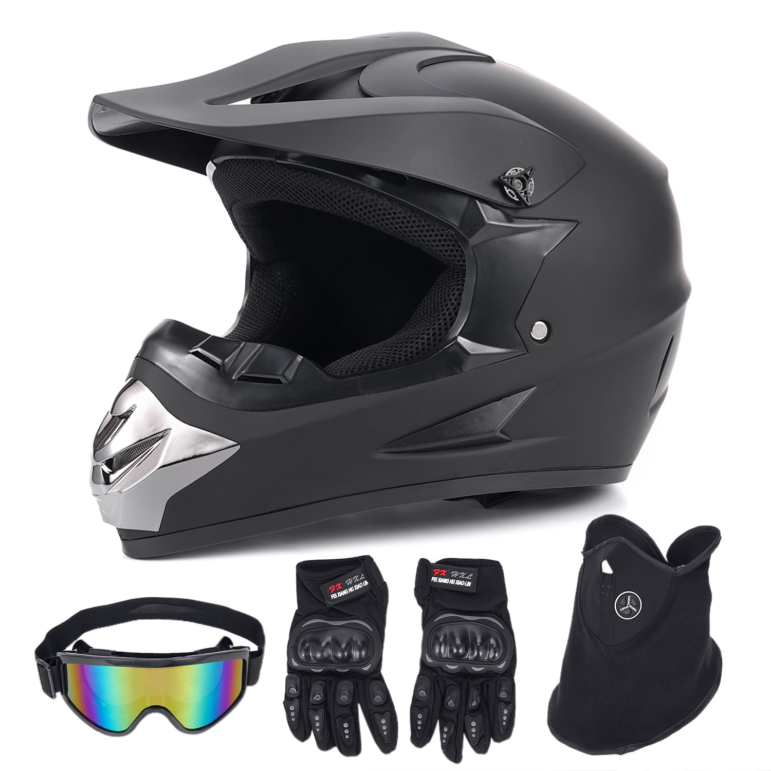 XiongXiong Dirt Bike Helmet DOT Certified, Full Face Motorcycle Helmet w/ Goggles, Gloves, Mask, for Off-Road, ATV, Sun Visor Snowmobile,Black, M