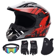 XiongXiong Dirt Bike Helmet DOT Certified, Full Face Motorcycle Helmet w/ Goggles, Gloves, Mask, for Off-Road, ATV, Sun Visor Snowmobile, Red, M