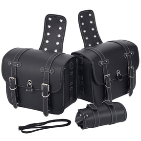 XiongXiong Motorcycle Saddlebags, 2 pack Large Capacity Side Bags, Waterproof PU Leather Luggage Panniers Bags with Removable Bottle Holder, Lock