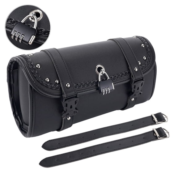 XiongXiong Motorcycle Tool Fork Bag, PU Leather Universal Saddlebag with Lock for Front Fork Handlebar Sissybar Storage Pouch Roll Bag, Black