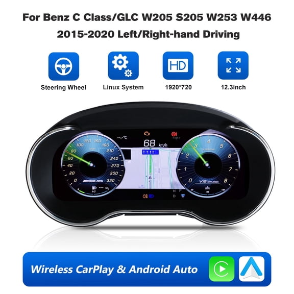 12.3" Carplay Digital Dashboard Cluster For Benz C/GLC W205 S205 W253 W446 2015-2020
