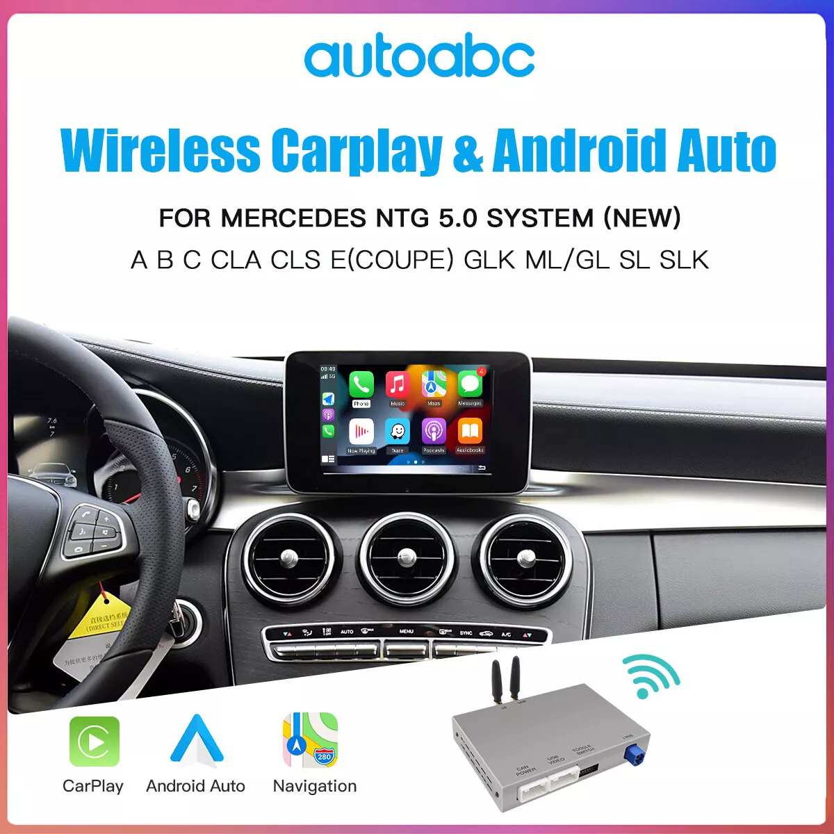 AUTOABC Wireless CarPlay Android Auto for Mercedes Benz A B C E Class GLA CLA CLE W205 W176 W204 W246 W167 NTG4.5/5.0 Mirror
