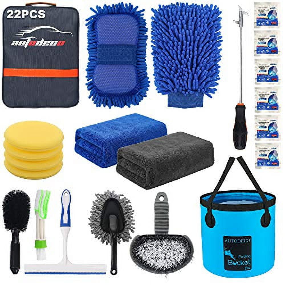 AUTODECO 22pcs Car Wash Cleaning Tools Kit Car Detailing Set with Blue Canvas Bag Collapsible Bucket Wash Mitt Sponge Towels Tire Brush Window