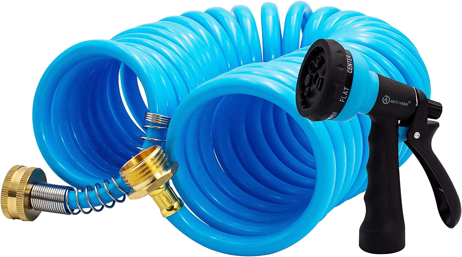 AUTOMAN EVA Recoil Garden Hose 25ft - Includes 7 Pattern Spray Nozzle, Corrosion Resistant Garden Coil Hose. Blue