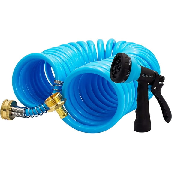 AUTOMAN EVA Recoil Garden Hose 25ft - Includes 7 Pattern Spray Nozzle, Corrosion Resistant Garden Coil Hose. Blue