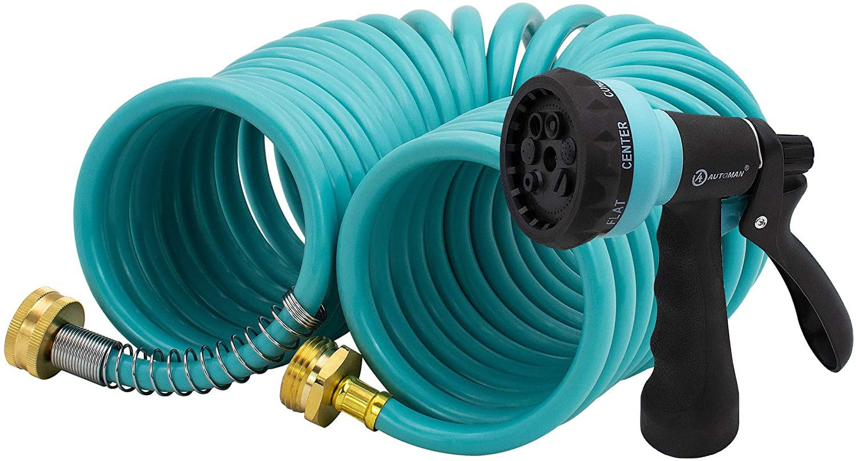 AUTOMAN EVA Recoil Garden Hose 25ft - Includes 7 Pattern Spray Nozzle, Corrosion Resistant Garden Coil Hose. Turquoise