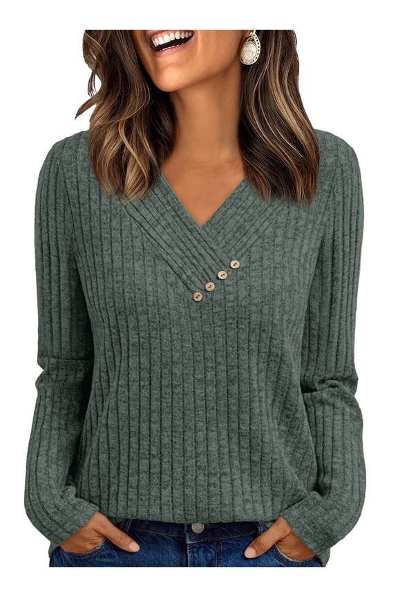 Womens Long Sleeve Shirt for Women Fashion V Neck Sweater Tunic Tops Dressy Casual Work Blouse Trendy Fall Winter Clothing