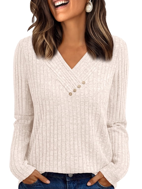 Womens Long Sleeve Shirt for Women Fashion V Neck Sweater Tunic Tops Dressy Casual Work Blouse Trendy Fall Winter Clothing