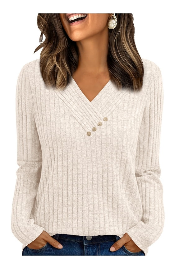 Womens Long Sleeve Shirt for Women Fashion V Neck Sweater Tunic Tops Dressy Casual Work Blouse Trendy Fall Winter Clothing