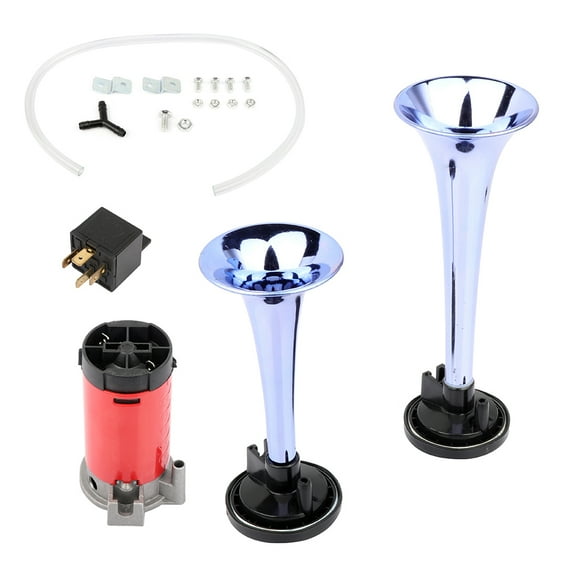 AUTOMUTO Air Horn Silver Chrome Zinc Dual Trumpet Electric Train Car Horn with Red Compressor for Any 12V Vehicles
