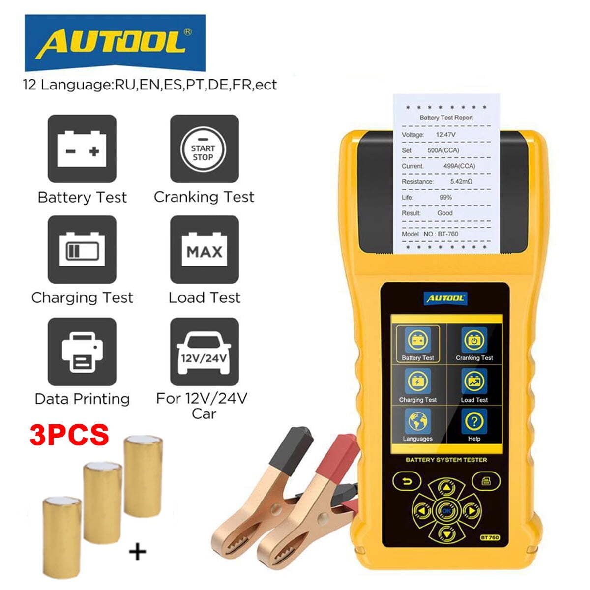 AUTOOL Automotive Battery Tester, 12V/24V Car Battery Load Tester, 6-32V  Circuit Tester for Car, Boat, Motorcycle, Built-in Thermal Printer, Free  3PCS