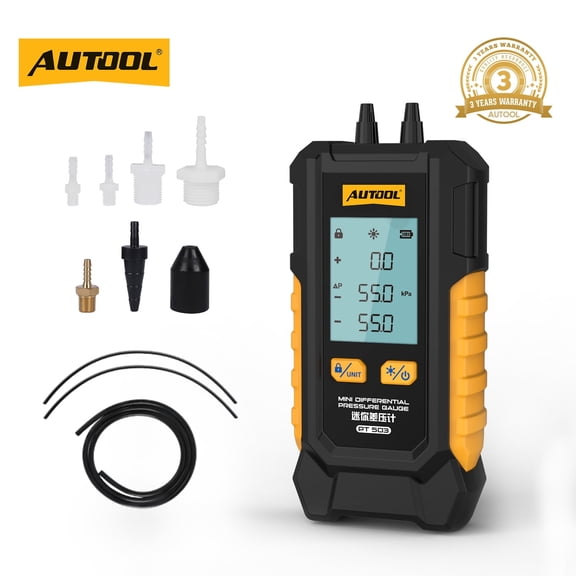 AUTOOL PT503 Mini Differential Pressure Gauge, High-Precision Digital Manometer- 6 Switchable Units Multiple Adapters for Intake Brake Exhaust Crankshaft Pressure Testing