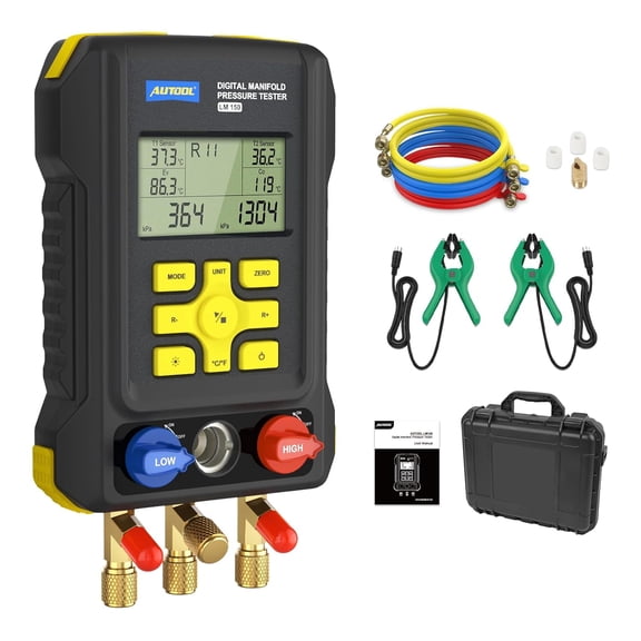 AUTOOL LM150 HVAC Refrigeration Digital Manifold Gauge, Vacuum Pressure Gauge Set, Air-Conditioning Refrigerator Leak Detector W/ 93 Types R134a R410a