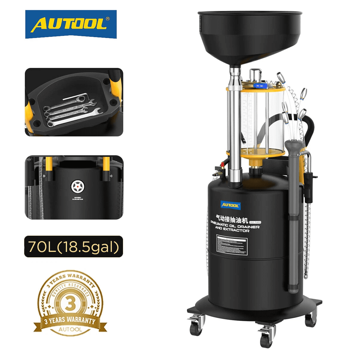 AUTOOL OD720 18.5 Gallon Pneumatic Oil Drainer and Extractor Vacuum Oil Change Tank with Large Capacity Measuring Cup and 5 Evacuation Wands