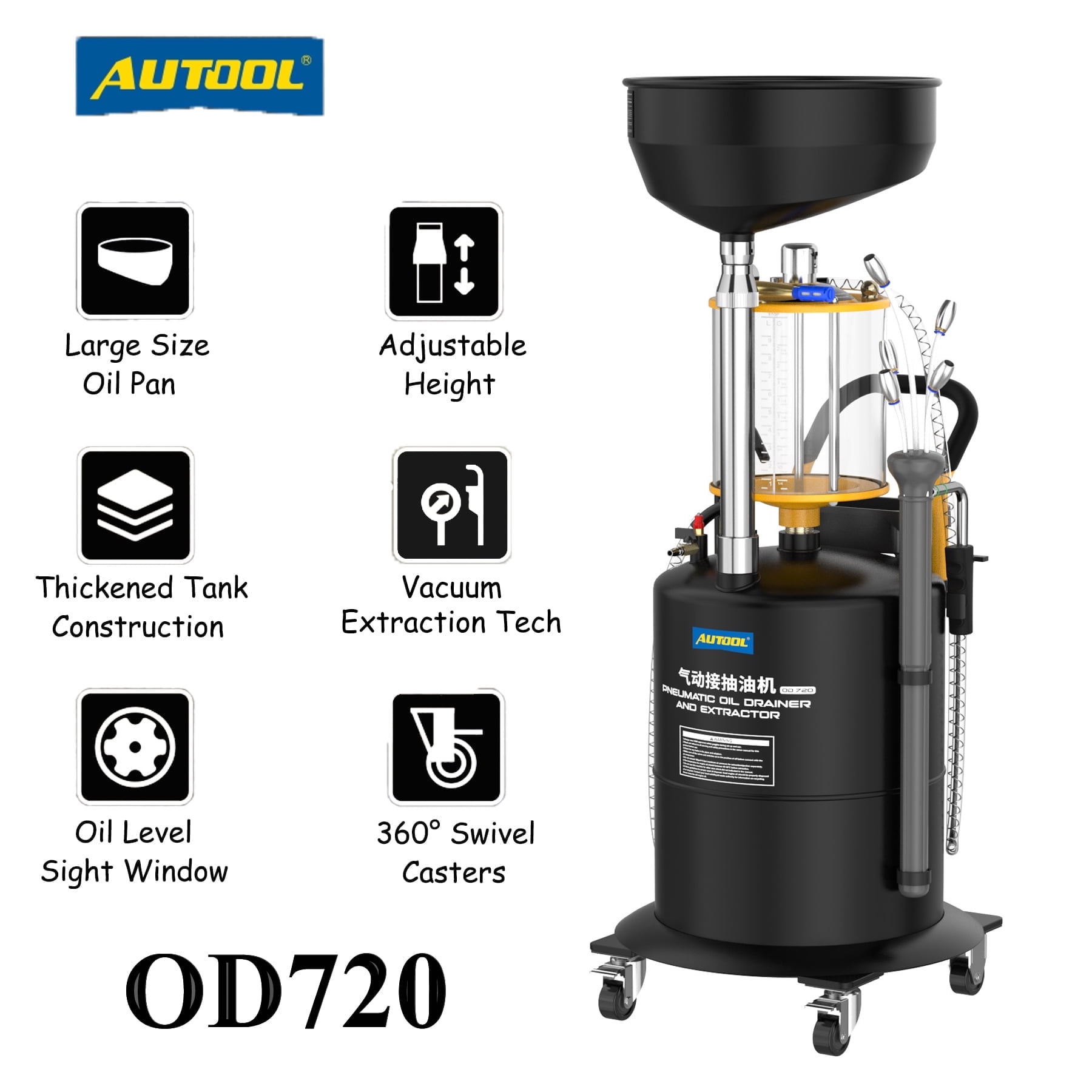 AUTOOL OD720 Pneumatic Oil Drainer & Extractor Vacuum Oil Pumping Machine Waste Oil Drain Tank 10L Large Capacity Portable Oil Drain Container W/ 4 Wheels for Waste Oil Recycling