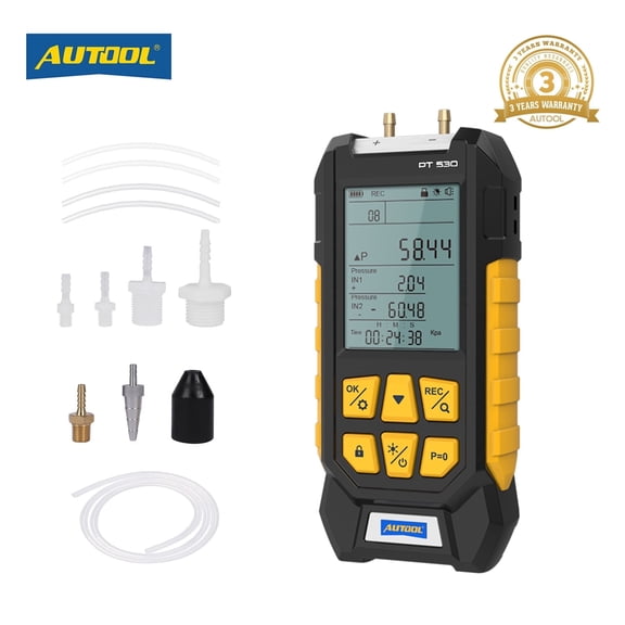 AUTOOL PT530 Digital Differential Pressure Gauge 100-300 Kpa Dual Port Manometer Air Pressure Tester Gas Pressure Measuring Meter, 0.01 Resolution  W/ Magnetic Back
