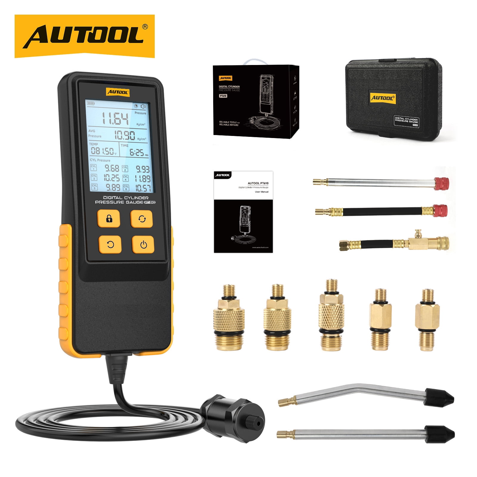AUTOOL PT610 Digital Cylinder Compression Pressure Tester, 0-426PSI 0~29bar Auto Petrol Engine Gauge Tool Kit with Adapters & Hoses