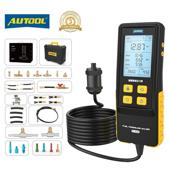 AUTOOL PT635 Digital Fuel Pressure Gauge Kit, 0-29.4 Bar High-Precise Fuel Manometer Set, 2.8" Backlit HD Screen Pressure Meter with Riveted Copper Adapters