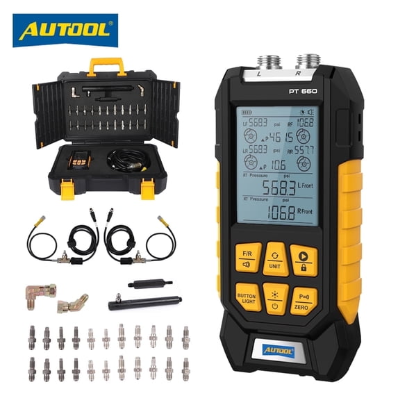 AUTOOL PT660 Digital Brake System Pressure Tester, 0-210Bar Dual-Channel Manometer Kit, Data Locking&Zeroing, Multiple Connectors for Gasoline Diesel Vehicles