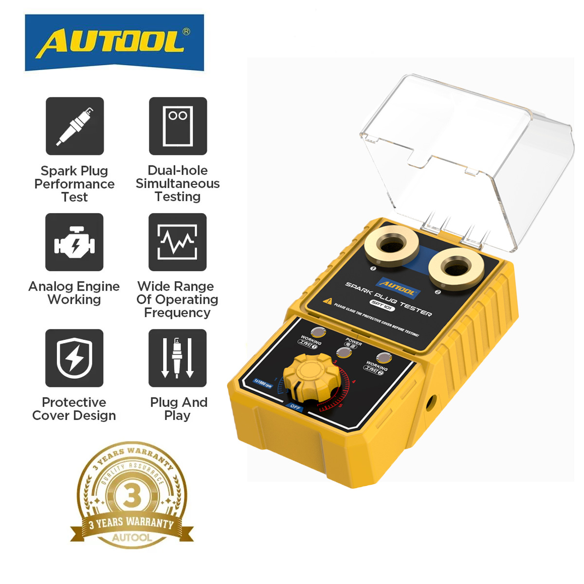 AUTOOL SPT101 Car Spark Plug Tester Double Hole Spark Plug Detector 0-6000rpm Adjustable Automotive Spark Plug Ignition Analyzer Diagnostic Tool for 12V Gasoline Vehicles, 110V/220V