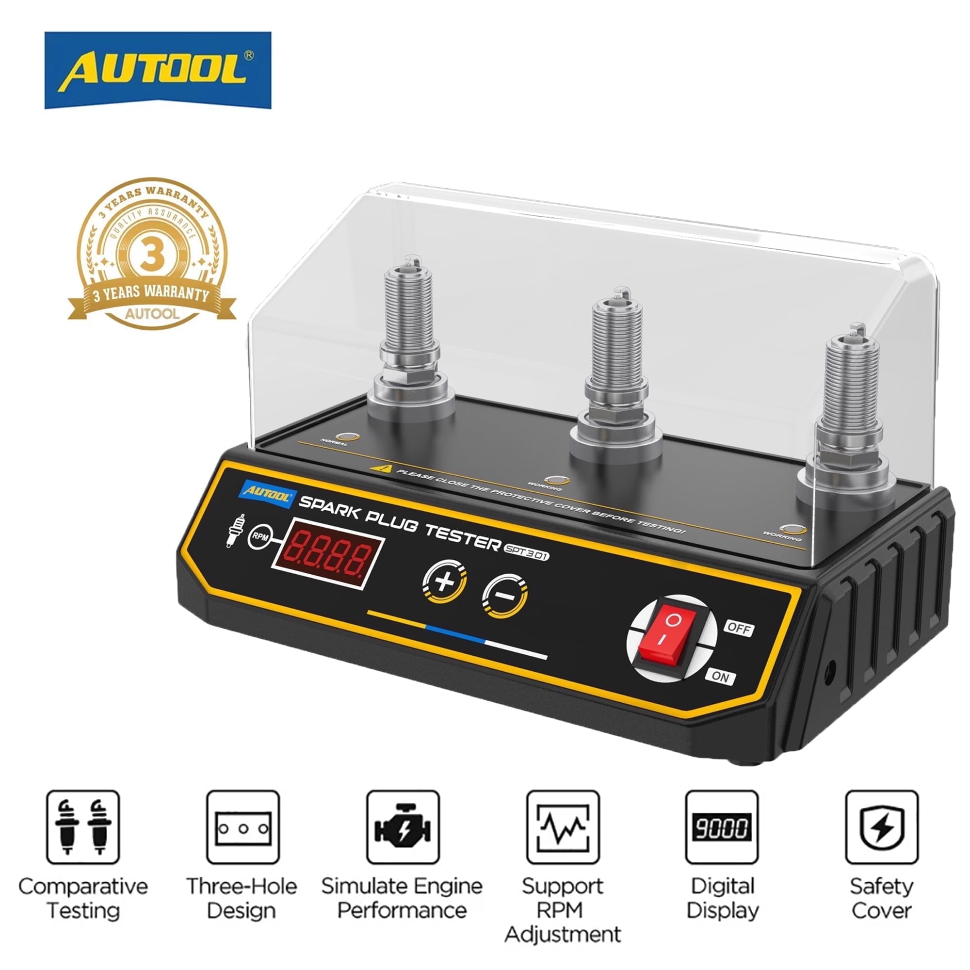 AUTOOL SPT301 Digital Spark Plug Tester - 3 Holes 110V Ignition Coil Detector W/ 0.31" Height Adjust Socket, 200-9000 RPM for All Cars Trucks Vehicles