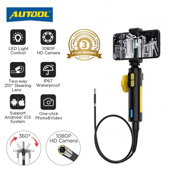 AUTOOL SVB302 Industrial Endoscope 1080P Screen Borescope Camera Auto-focus W/ Light, 210 ° Turn, IP67 6mm 3.2FT Intelligent Protection for IPhone Android PAD/PC