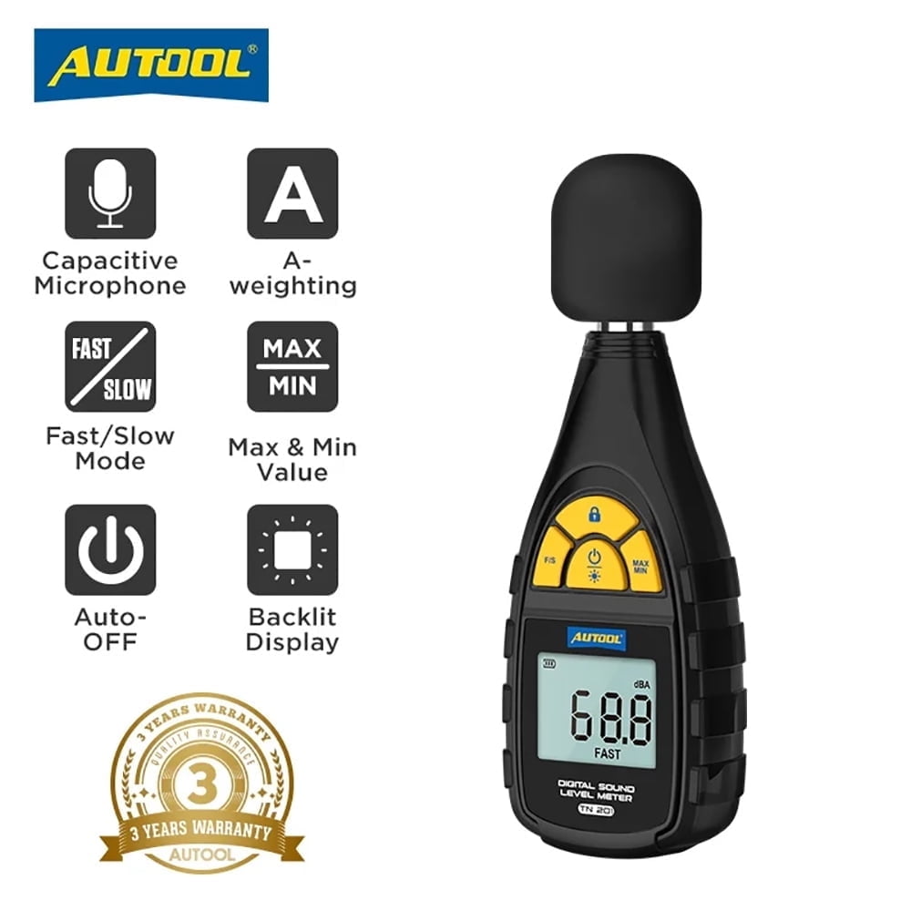 AUTOOL TN201 Digital Sound Level Meter, Handheld Decibel Meter 30-130dB(A-weighting ) Noise Tester W/ Backlit Display for Measure Automotive Noise, Homes, Offices, Construction Sites Decibel Ect