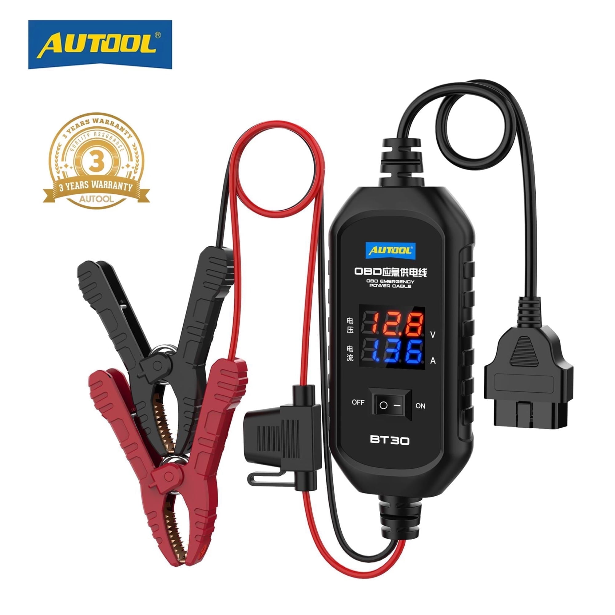 AUTOOL Vehicle ECU Emergency Power Supply Cable OBD2 Car Memory Saver Protector W/ Overcurrent Protection \u0026 Current Voltage Display for Automotive Battery Replacement Memory Storage
