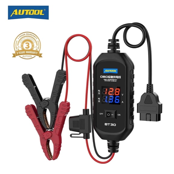 AUTOOL BT30 OBD2 Memory Saver, Car Ecu Emergency Power Supply Cable with Overcurrent Protection, Voltage Display for Battery Replacement