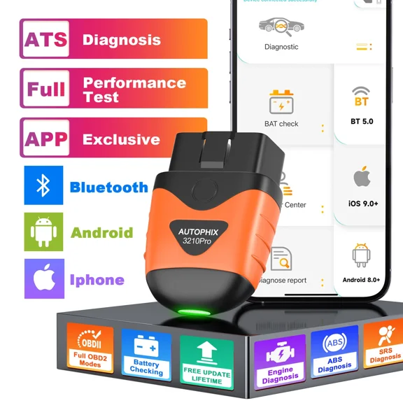 AUTOPHIX 3210 Pro Bluetooth OBD2 Scanner, Wireless OBDII 4 System Diagnostic Tool, Battery Test, Check Engine ABS SRS Transmission Car Code Reader for iPhone & Android& iPad, Free Update Lifetime