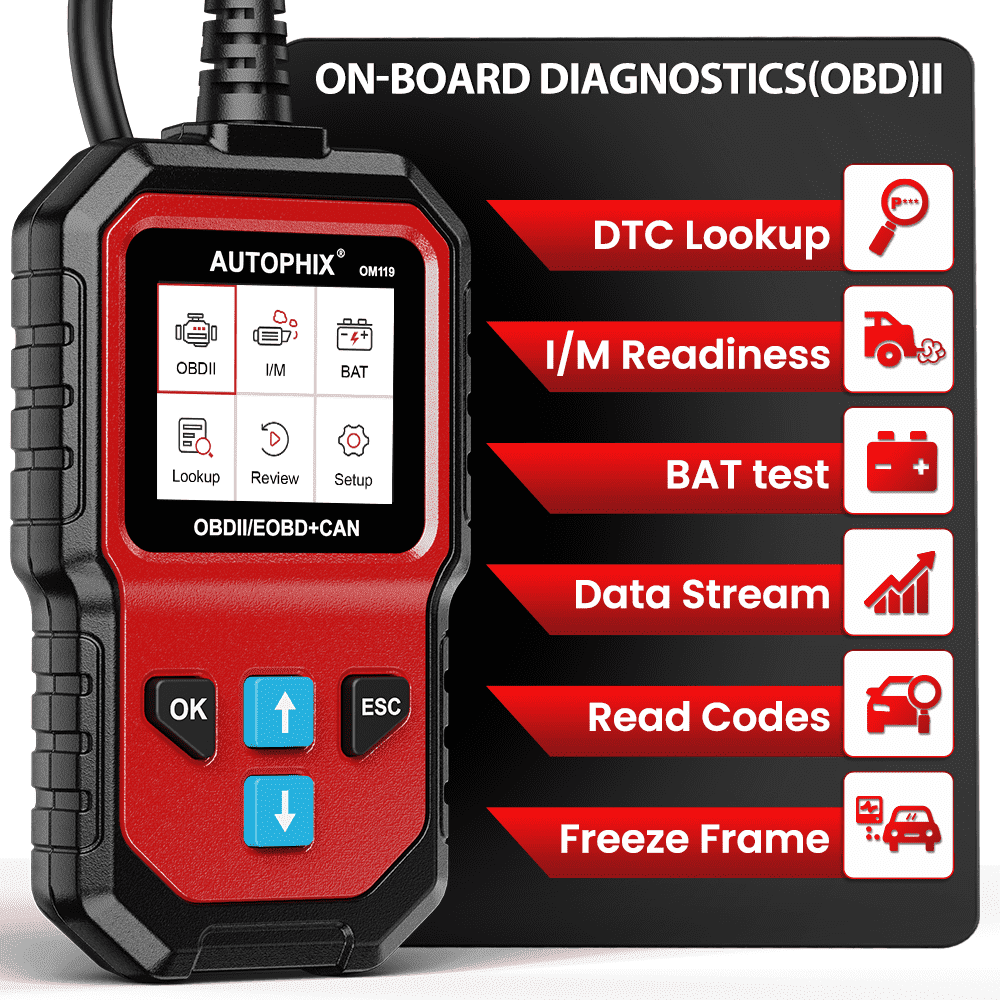 AUTOPHIX OM119 OBD2 Scanner Full-Functions Diagnostic Code Reader, Batter-y Voltage Test, I/M Readiness, Universal for 1996+ OBD2 Vehicles