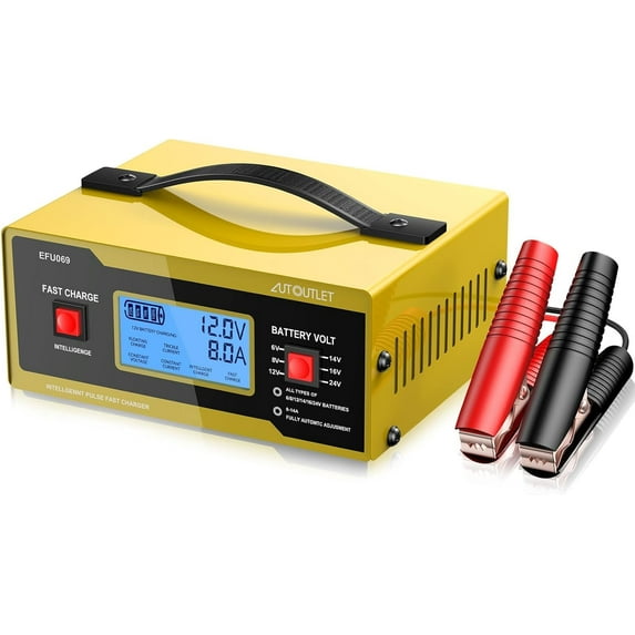 AUTOUTLET Upgraded 8 Volt Battery Charger for Golf Cart Automotive Battery Charger and Maintainer 0-10A with Cable Clamps for 6/8/12/14/16/24V Lead-Acid Batteries