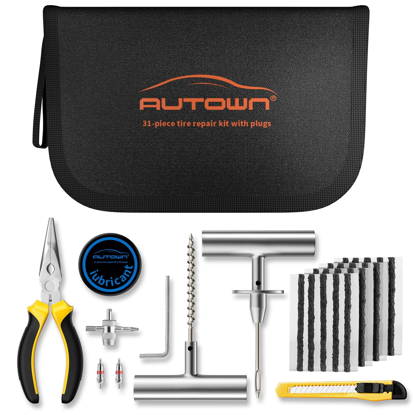AUTOWN Flat Tire Repair Kit with Plugs 31 Pcs for Car, Motorcycle, ATV, Jeep, Truck, Tractor Flat Tire Puncture Repair C57