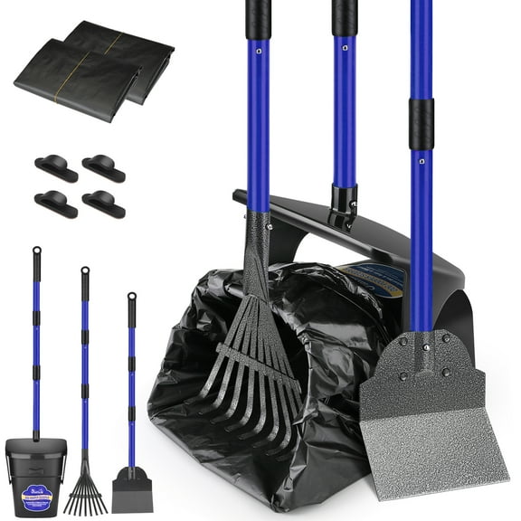 AUTOWT Blue Dog Pooper Scooper, Stainless Steel Rake Kit with 20 Poop Bags and Adjustable Long Handles
