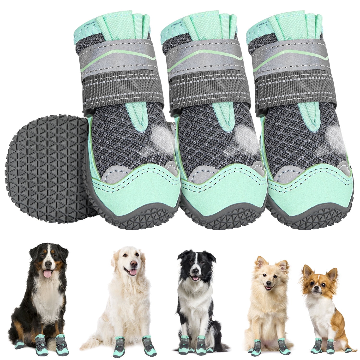 AUTOWT Breathable Dog Boots, 4PCS with Reflective Strip, Paw Protector Fits All Sizes
