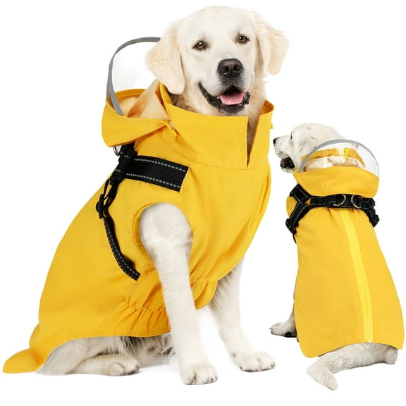 AUTOWT Dog Raincoat with Chest Harness and Removable Hood, Waterproof Jacket with Reflective Trim for All Sizes