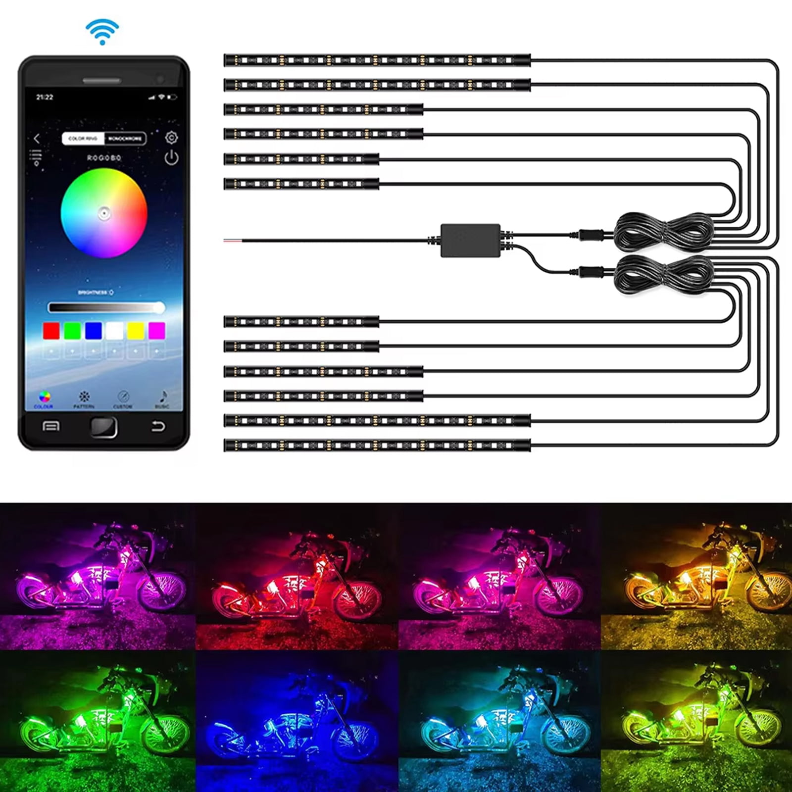 AUTOXBERT 12PCS Motorcycle Underglow RGB LED Strip Motorcycle Light Kit Bluetooth APP Control Waterproof (6.8/8.9/12.8 in)